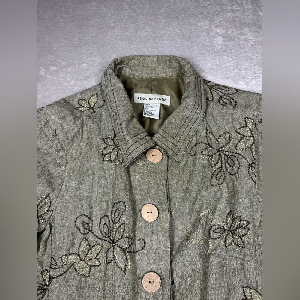 Vintage 90s Requirements Linen Cotton Blend Green Floral Embroidered Jacket XL - Picture 5 of 16
